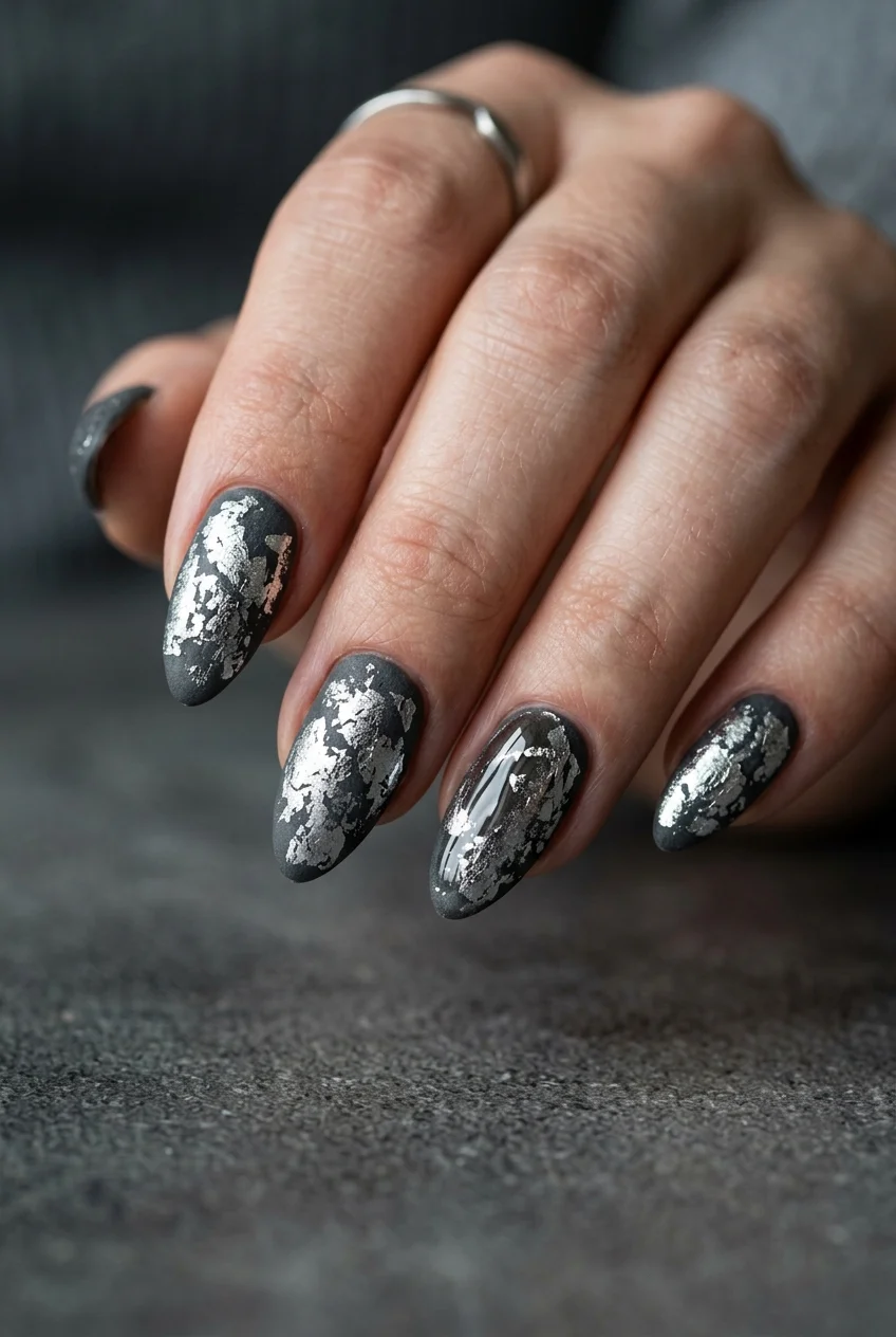 ROCK-STAR Distressed Metallic Foil & Matte Charcoal Grunge Nails - stray kids nail designs (AI Generated Image)