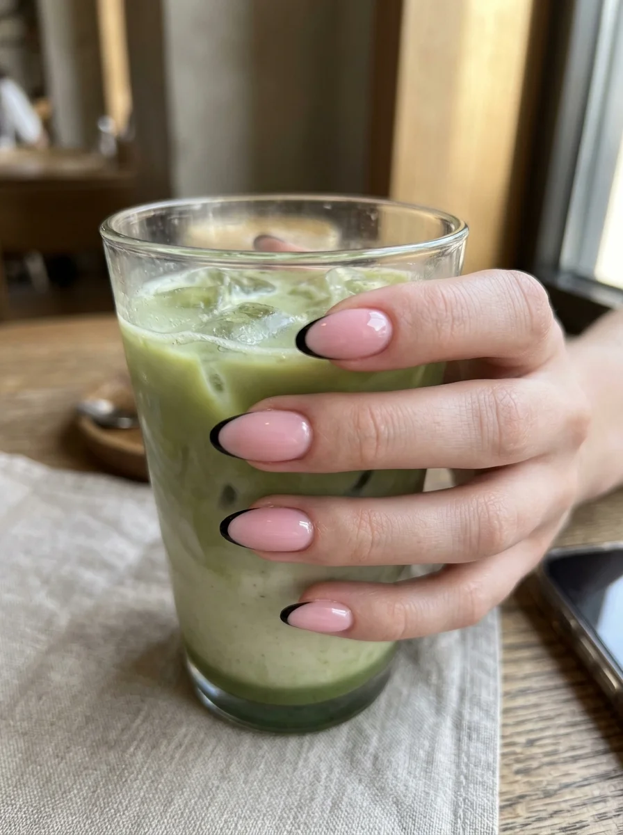 Rosé's Ultra-Skinny Black Micro French Tips on Sheer Milky Pink - blackpink nail designs (AI Generated Image)
