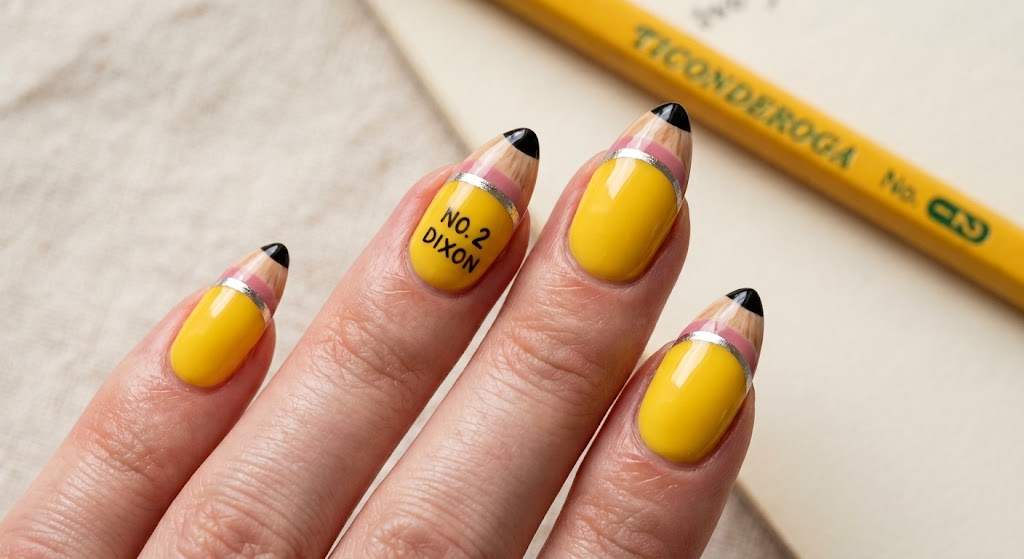 No 2 Yellow Pencil French Tip Nail Art on Almond Nails