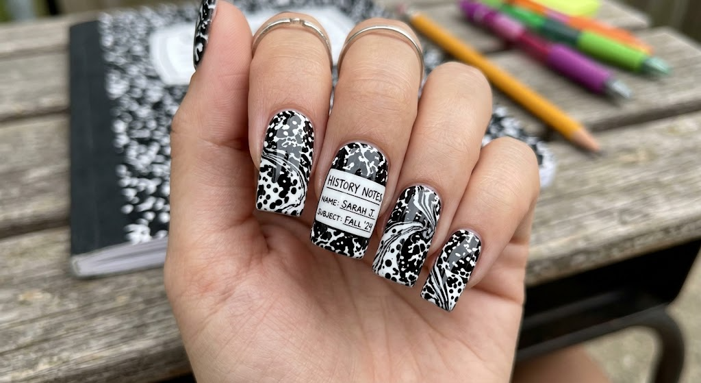Black and White Composition Notebook Print Nail Art