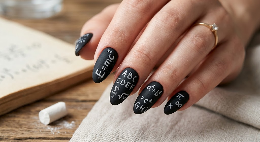 Matte Black Chalkboard Nails with White Math Equation Doodles