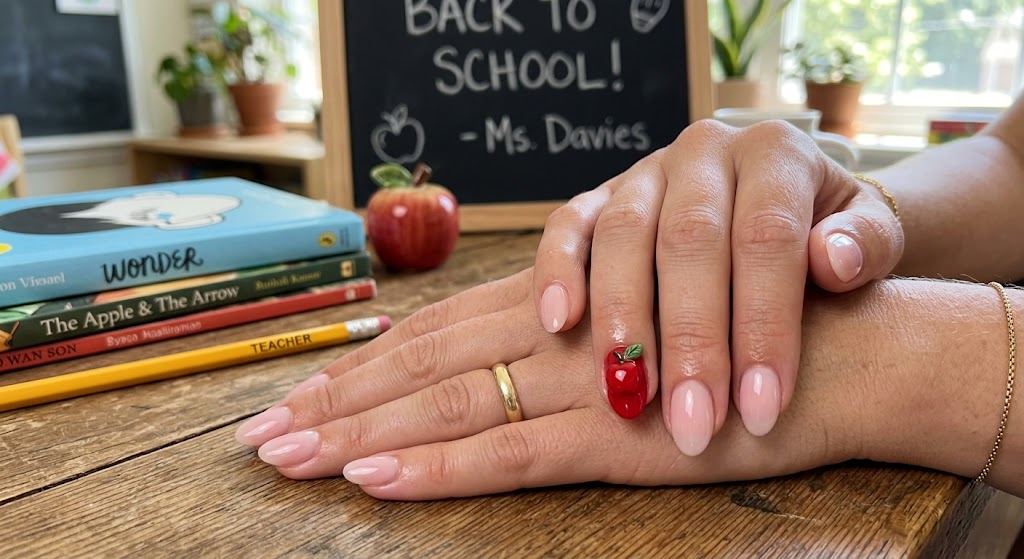Red Apple Cuticle Art Accent Nail on Milky Pink Sheer Manicure