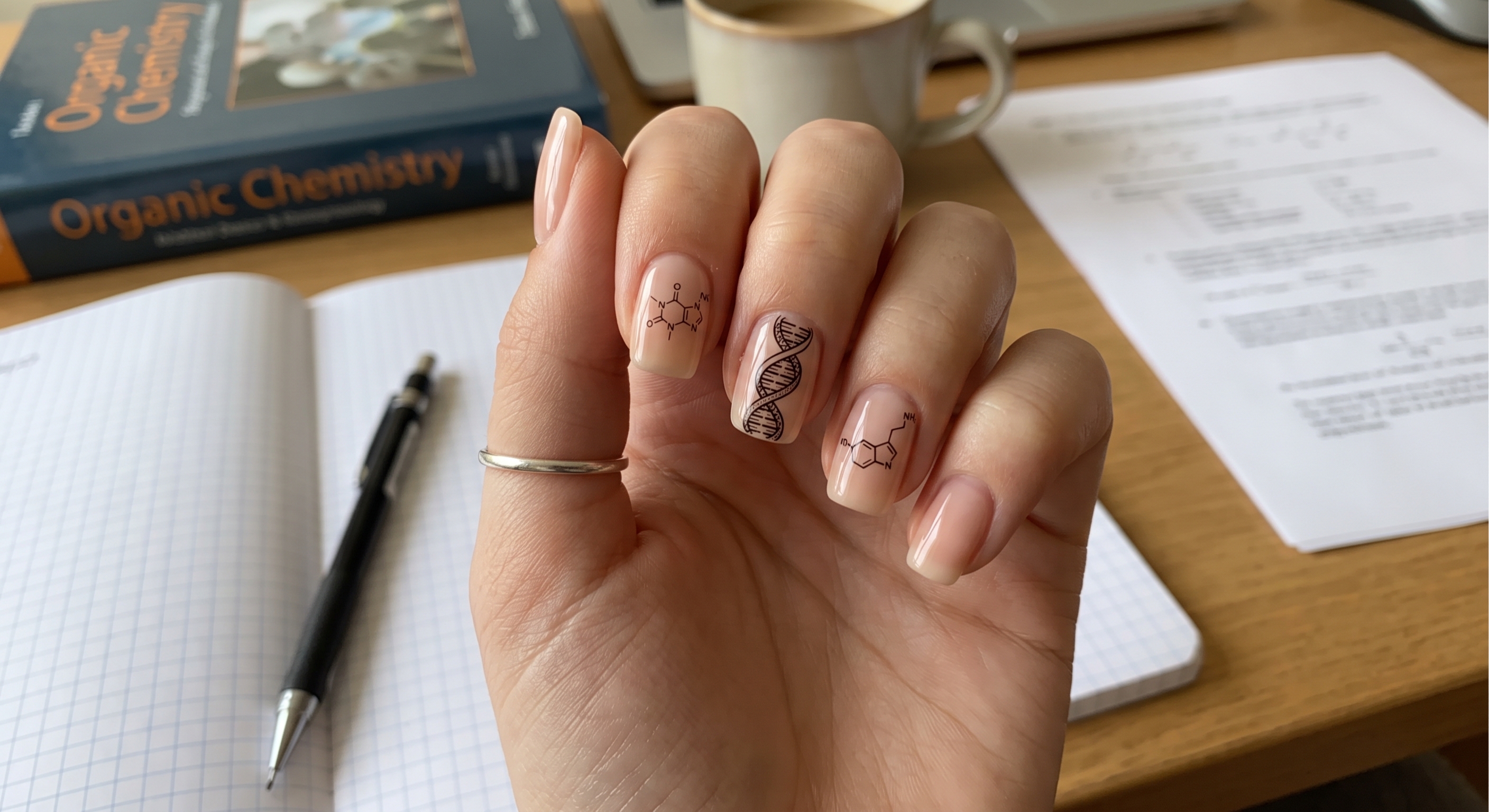 Chemistry Molecule and DNA Double Helix Black Fine Line Nails