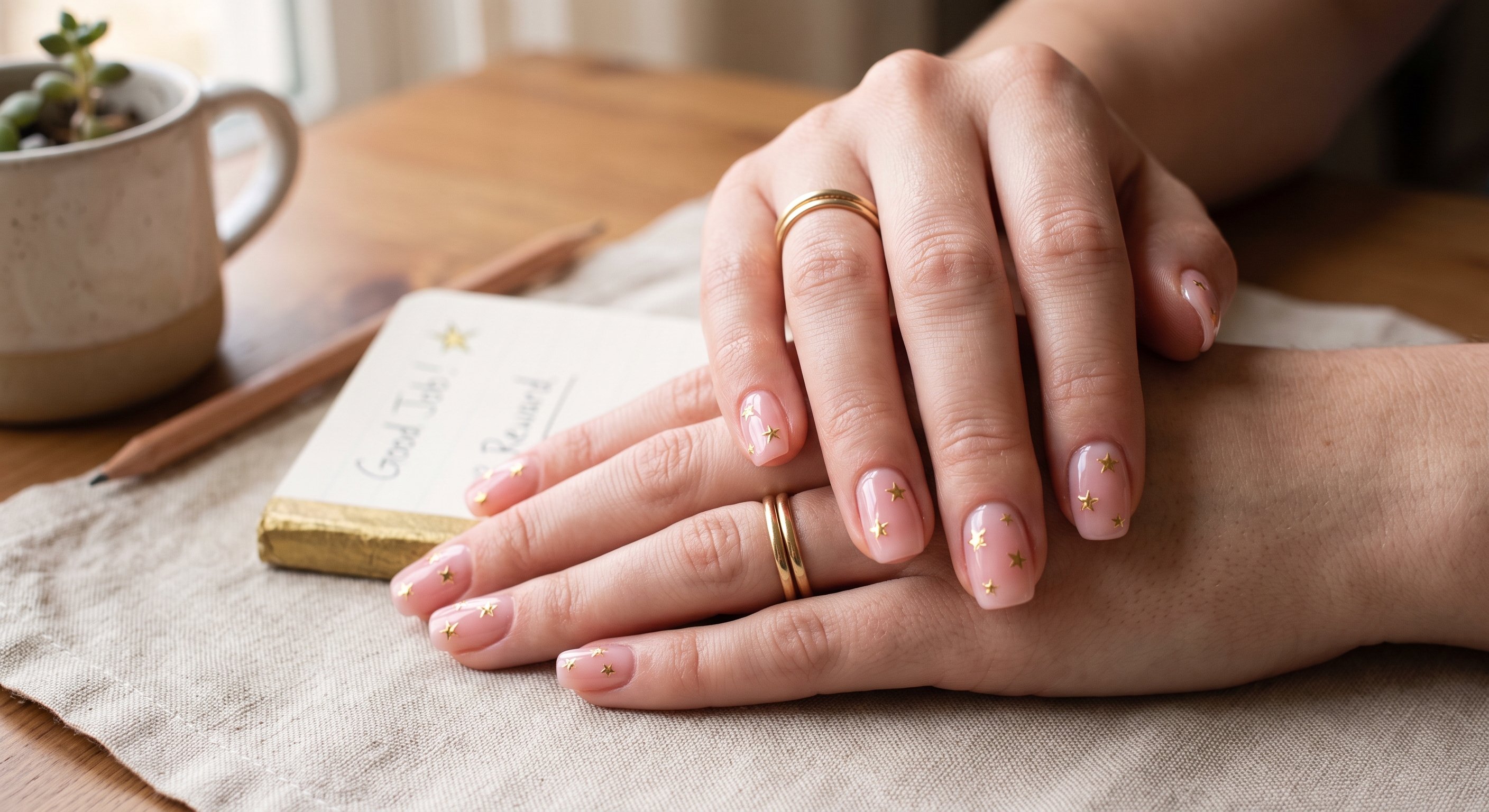 Gold Metallic Star Foil Stickers on Glossy Sheer Pink Nails