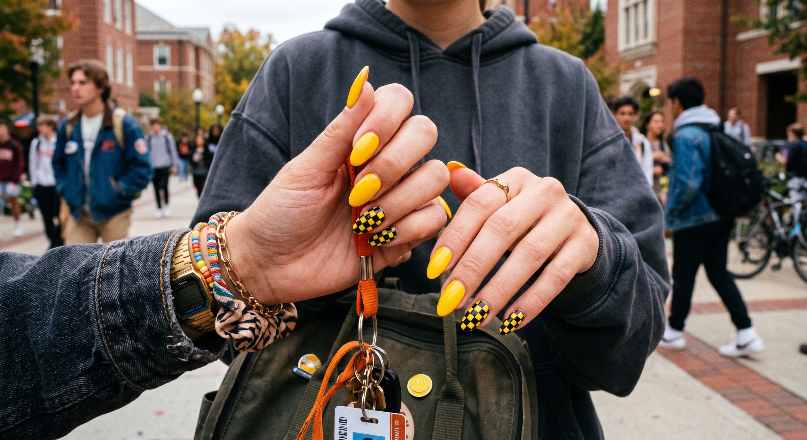 School Bus Yellow and Black Checkerboard Print Nails