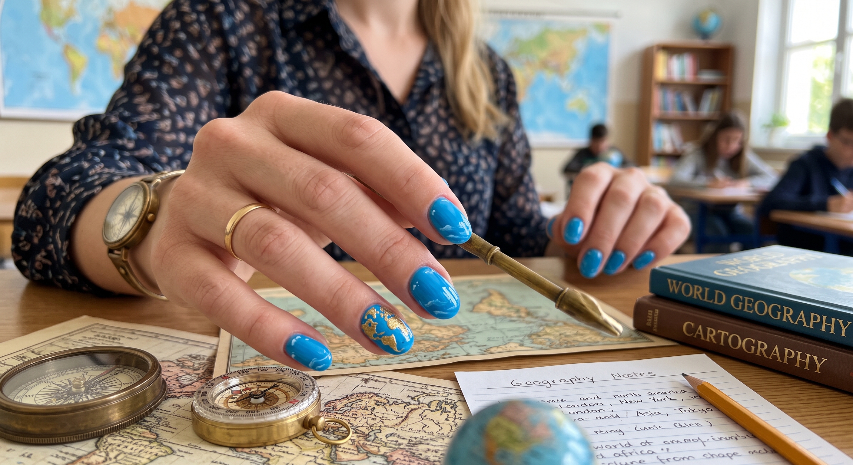 Hand Painted World Map and Globe Continents Nails