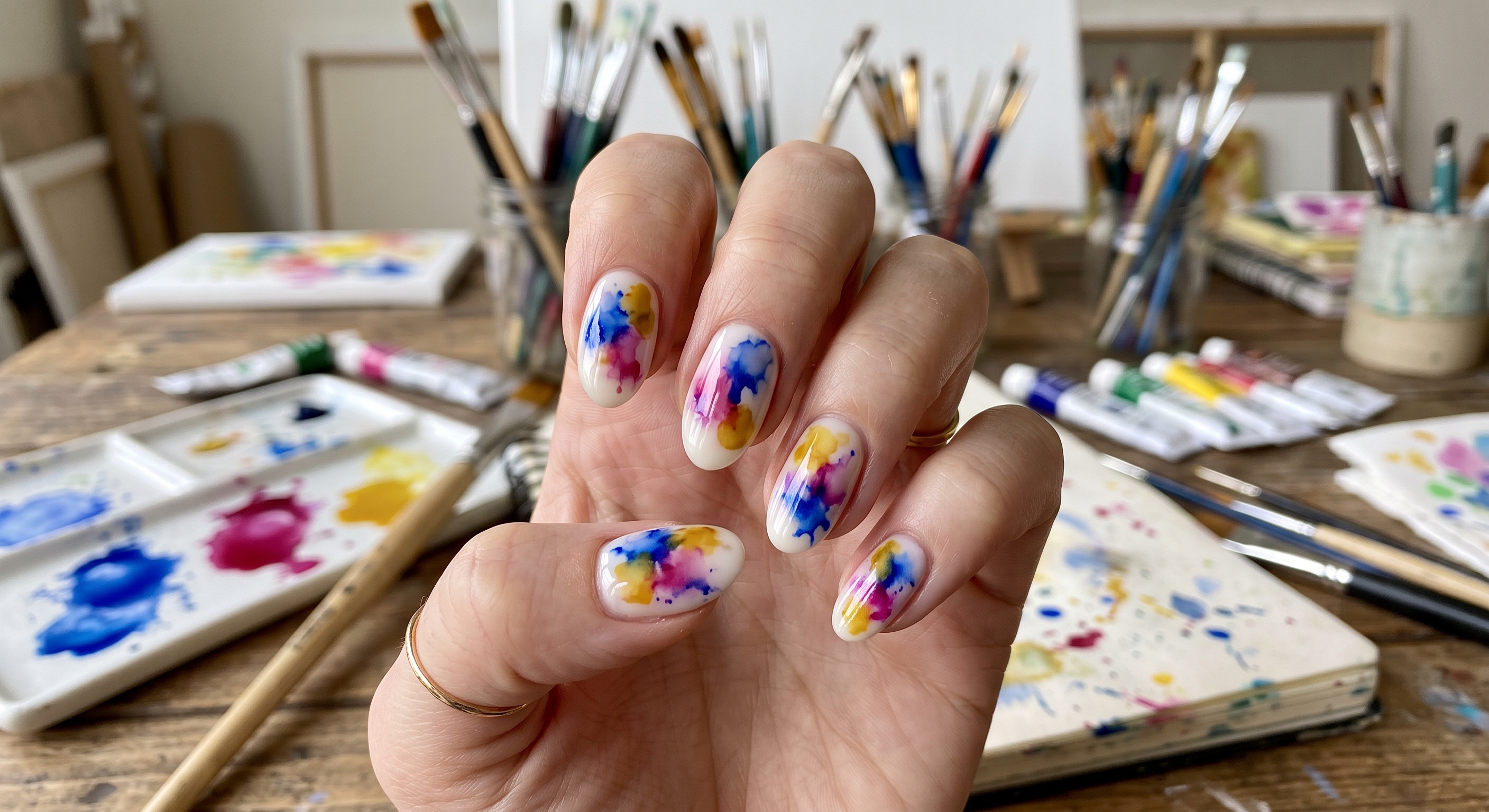 Watercolor Paint Splatter and Ink Blot Blooming Gel Nails