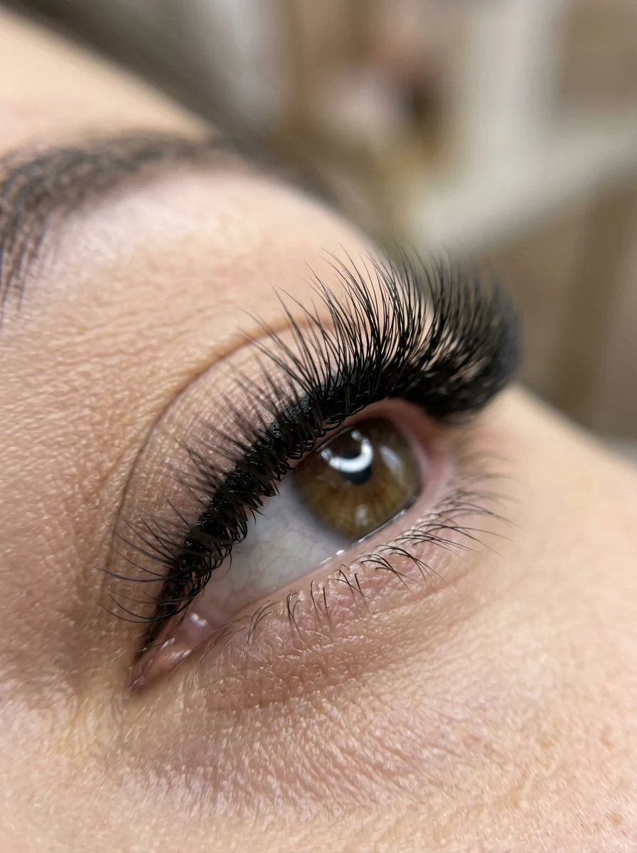 3. Dense Eyeliner Effect Russian Volume with Stepped Layering - short volume lash extensions (AI Generated Image)