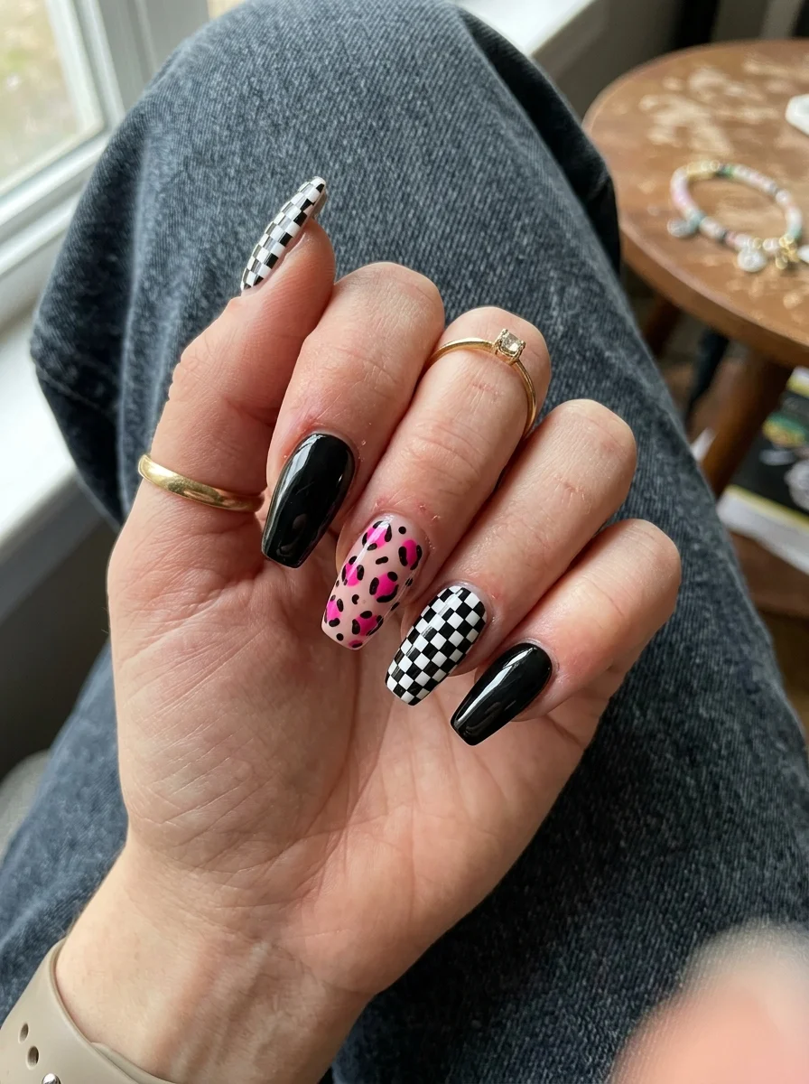 Shut Down Checkerboard & Hot Pink Animal Print Accent Nails - blackpink nail designs (AI Generated Image)