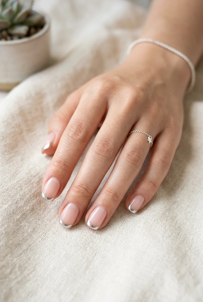 Silver Mirror Micro-French on Short Almond Nails - aespa nail designs (AI Generated Image)