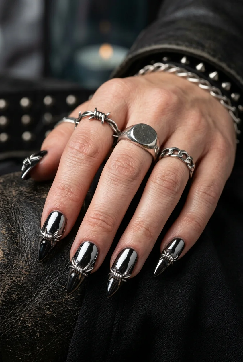 Black Chrome & Barbed Wire Stiletto Nails for dominATE Tour - stray kids nail designs (AI Generated Image)