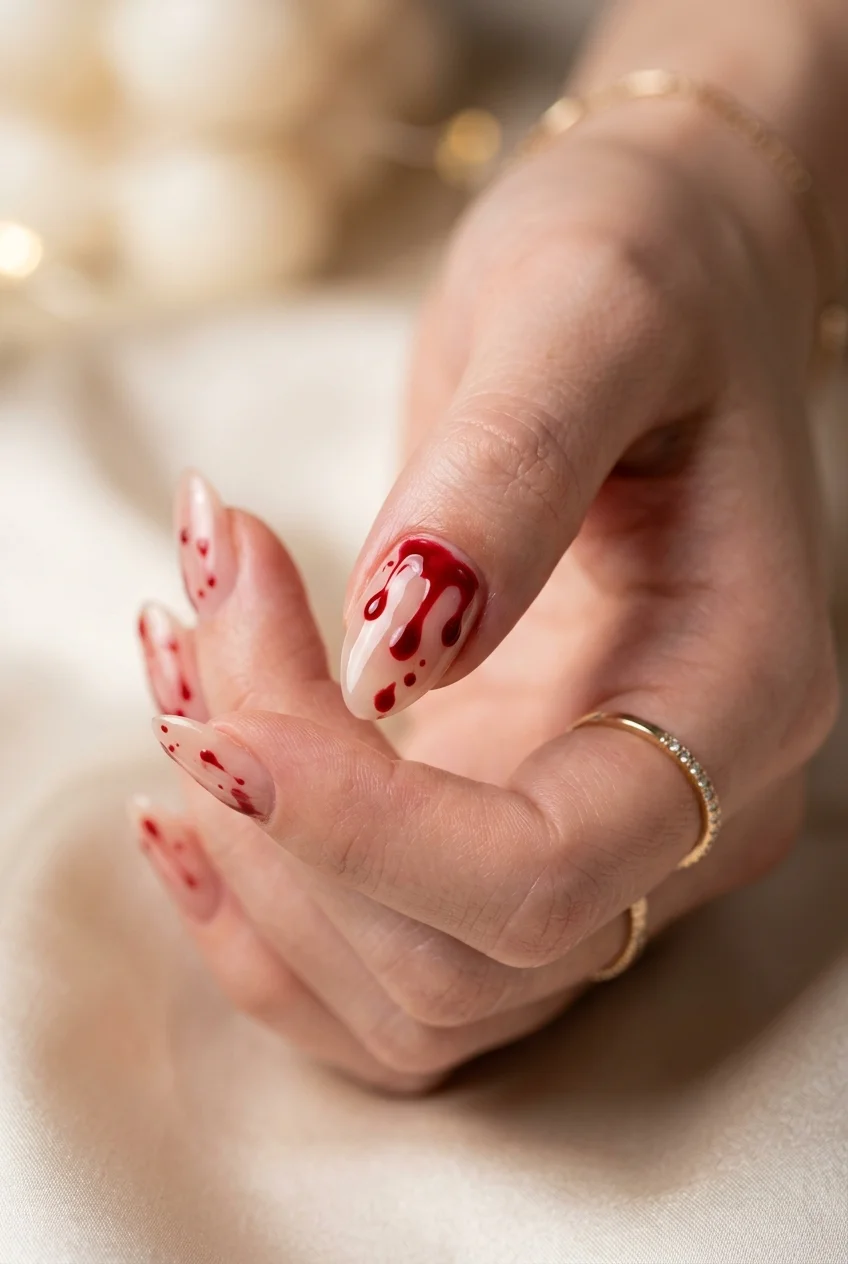 Chk Chk Boom Splash Blood-Drip Negative Space Almond Nails - stray kids nail designs (AI Generated Image)