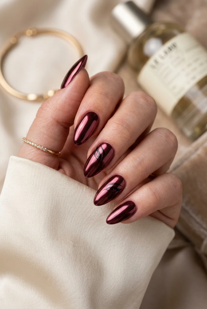 FoxI.Ny Desert Fox Foxy Eye & Burgundy Chrome Nails - stray kids nail designs (AI Generated Image)