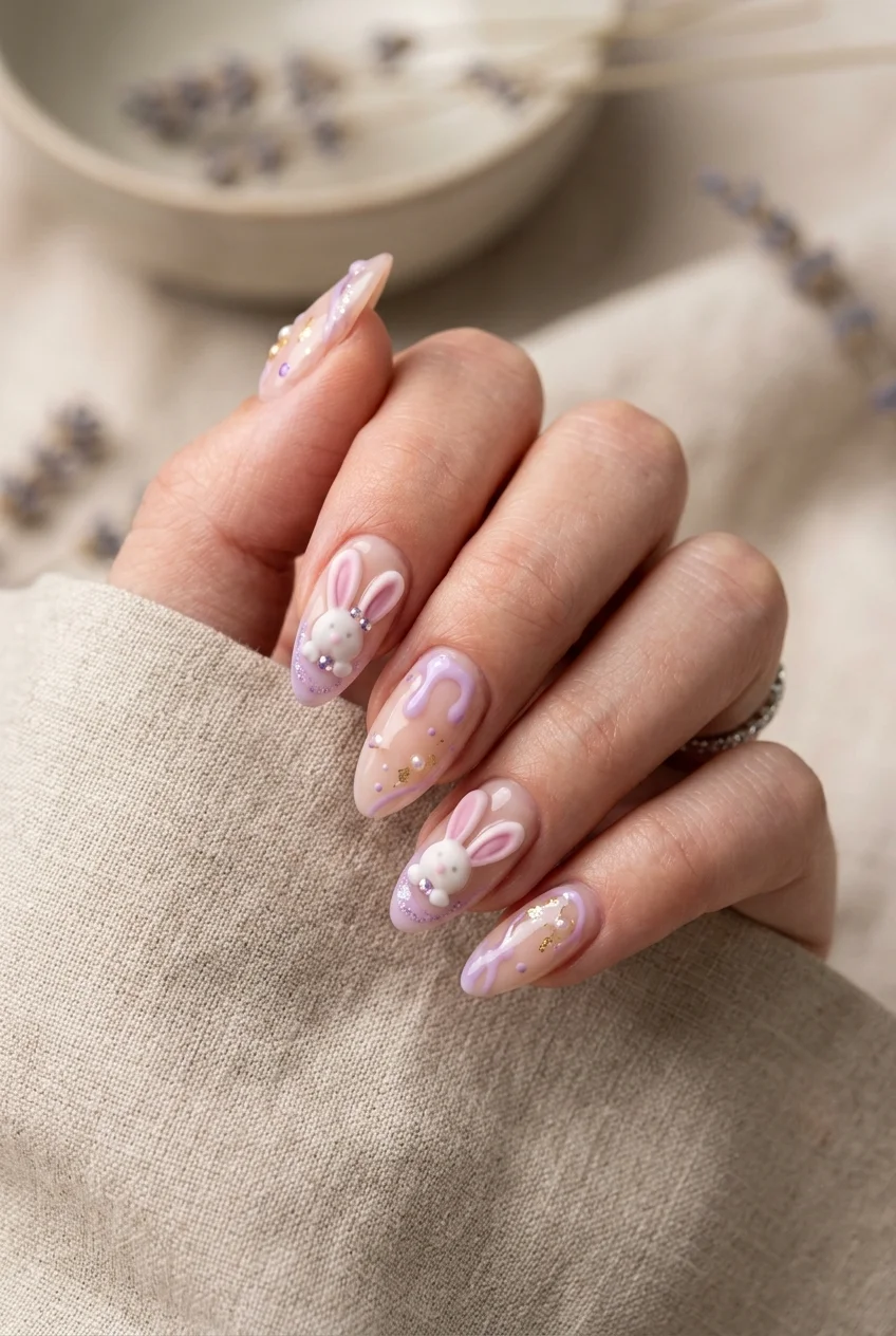 Leebit Bunny Ears 3D Syrup Gel Nails with Lilac Accents - stray kids nail designs (AI Generated Image)