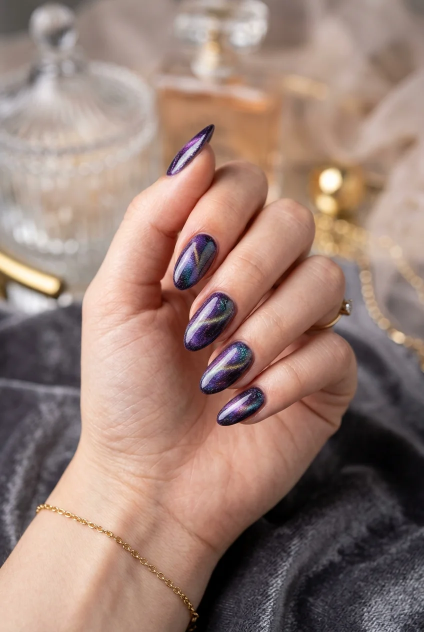 MEGAVERSE Cosmic Nebula Magnetic Cat-Eye Velvet Nails - stray kids nail designs (AI Generated Image)