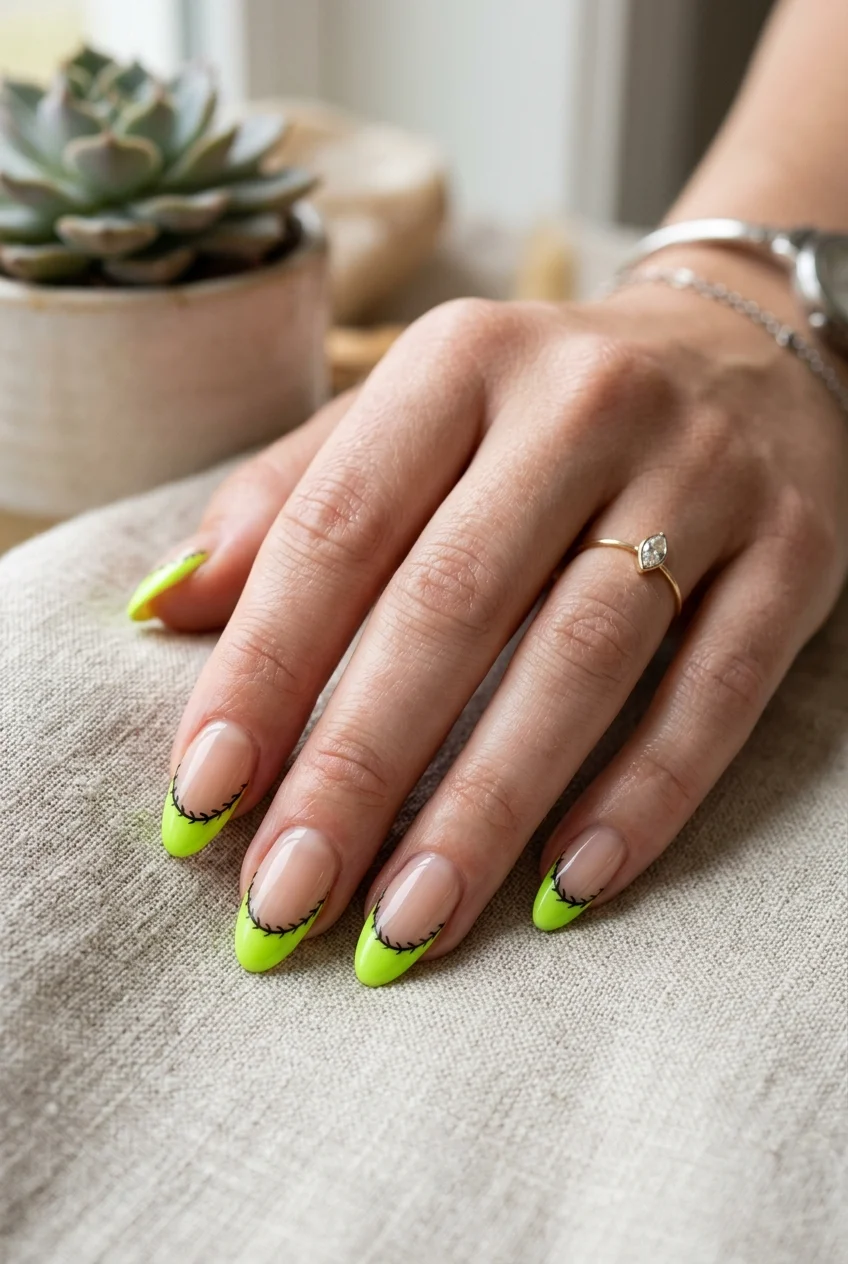 ODDINARY Frankenstein Stitch & Neon Lime Green Nails - stray kids nail designs (AI Generated Image)