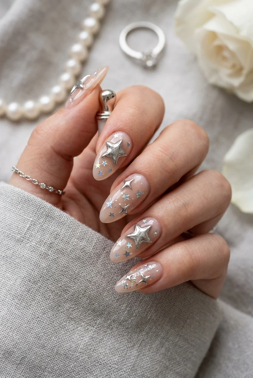 S-Class Molten Liquid Chrome Relief & Star Confetti Nails - stray kids nail designs (AI Generated Image)