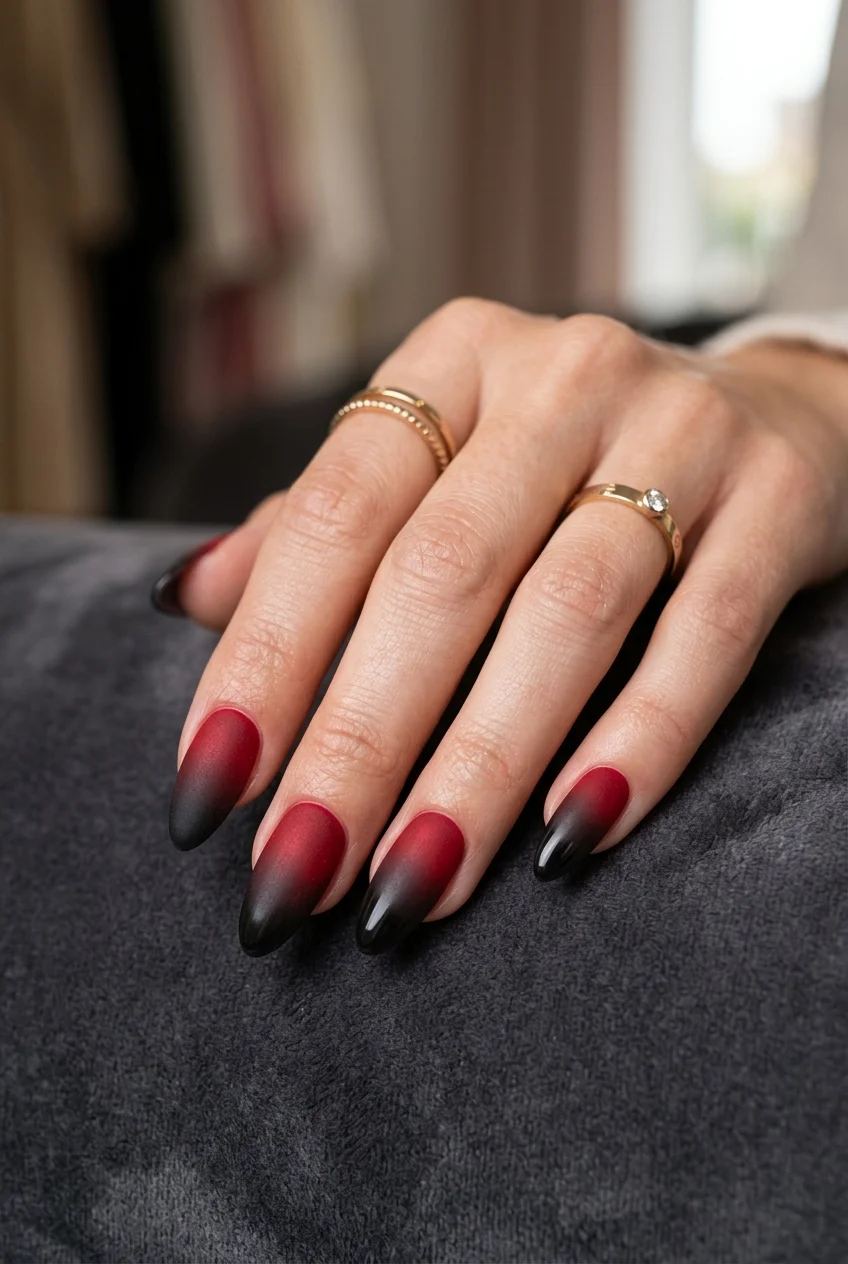 Stadium VIP Red-and-Black Dual Finish Ombré Nails - stray kids nail designs (AI Generated Image)