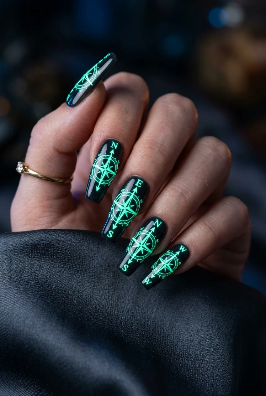 STAY Fandom Ring Compass Glow-in-the-Dark Coffin Nails - stray kids nail designs (AI Generated Image)