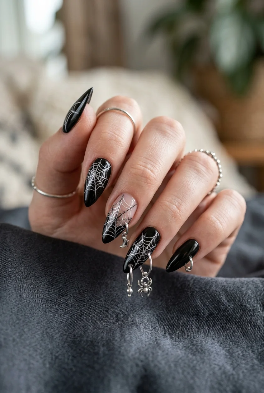 Venom Web Negative Space & Pierced Tip Stiletto Nails - stray kids nail designs (AI Generated Image)