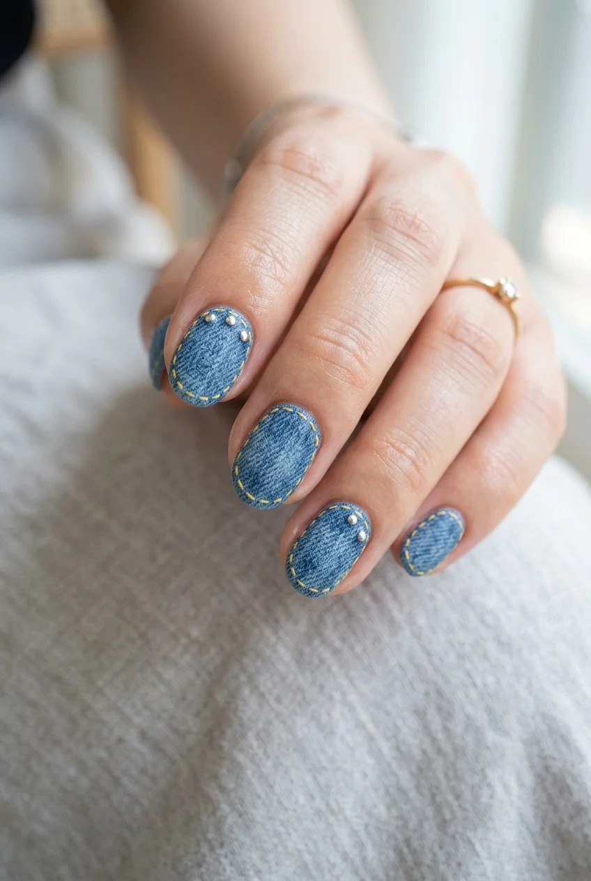 newjeans nail art super shy denim stonewash nails with yellow stitching accents (AI Generated Image)
