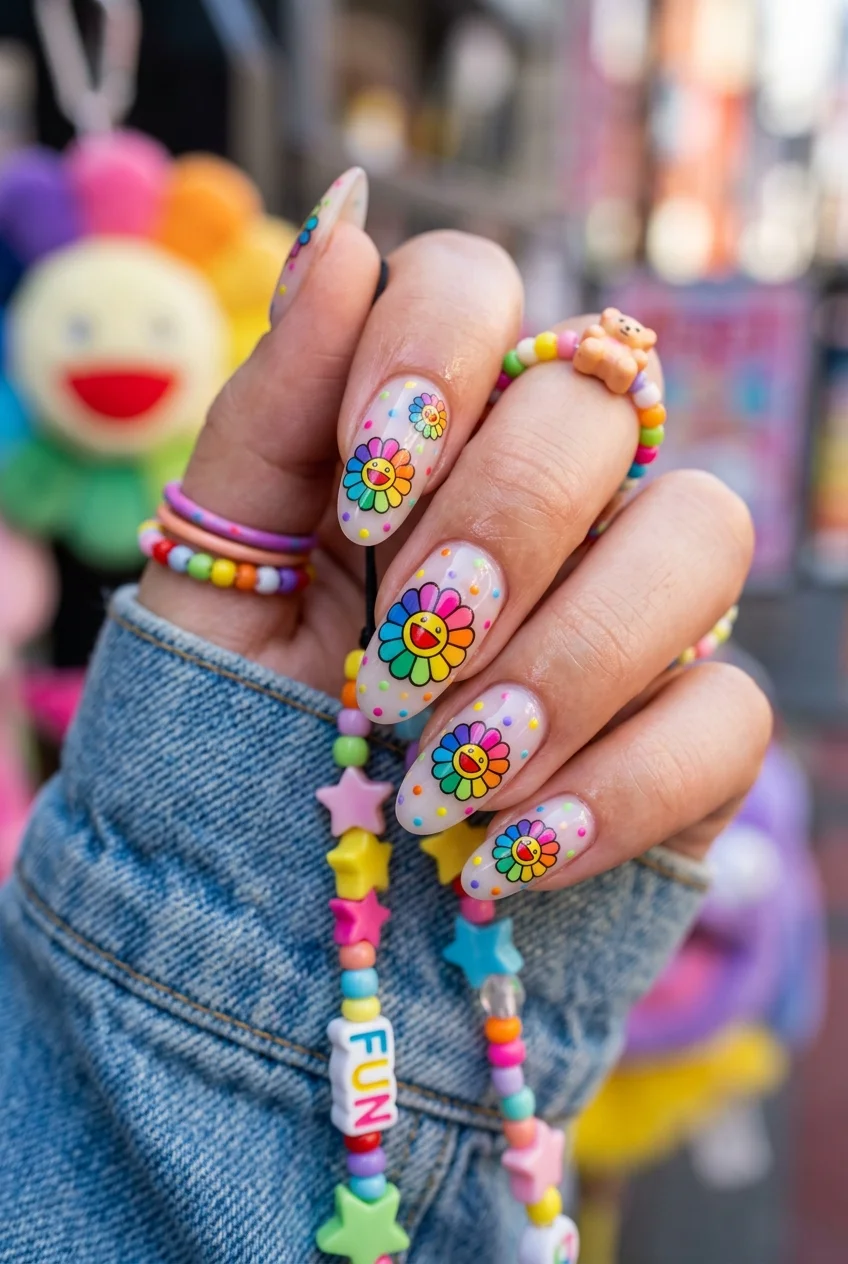 newjeans nail art takashi murakami smiling flower pop art accent nails (AI Generated Image)