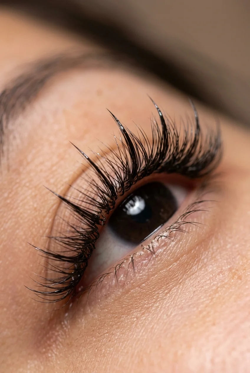 Textured wet-look wispy hybrid lash set with glossy spiky peaks (AI Generated Image)
