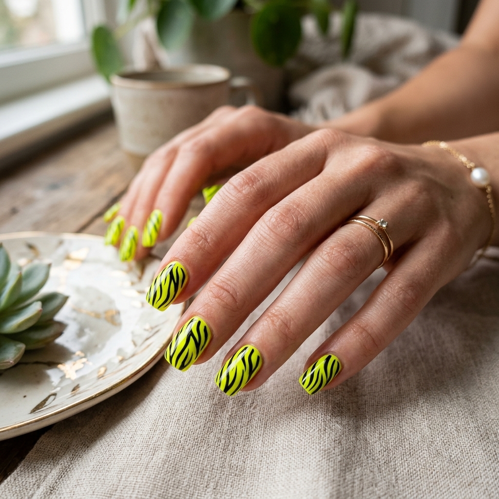 Neon Yellow Zebra - August Nail Colors (AI Generated Image)