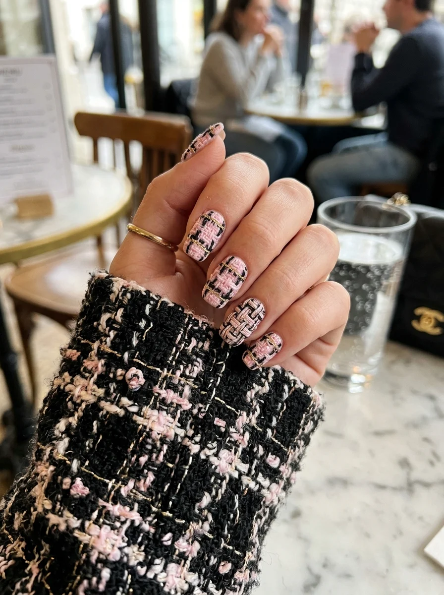 Tweed Pattern Knitted Gel Nails in Baby Pink and Midnight Black - blackpink nail designs (AI Generated Image)