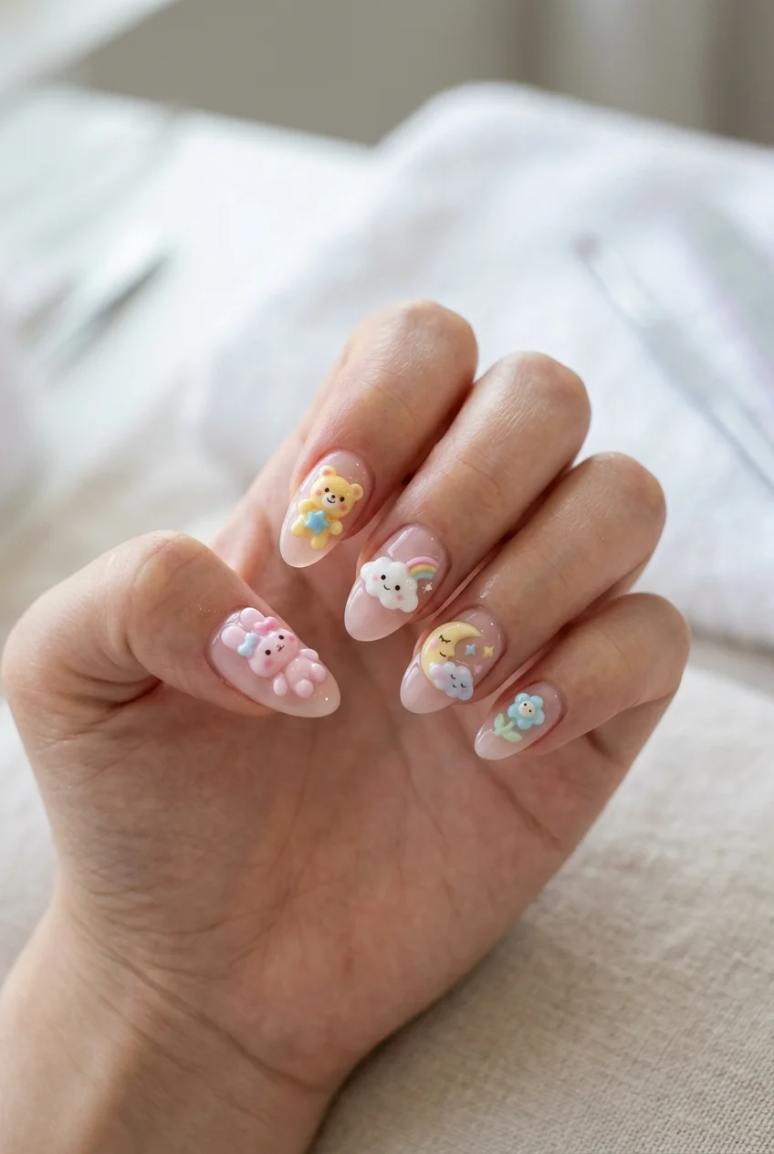3D TWICE Lovelys character mascot charms hand-sculpted in pastel builder gel on sheer milky Korean jelly nails (AI Generated Image)