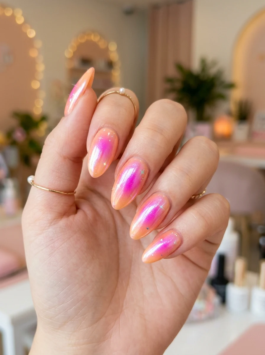 Signature TWICE Candybong aura gradient nails in official apricot and neon magenta colors with glazed pearl chrome finish (AI Generated Image)