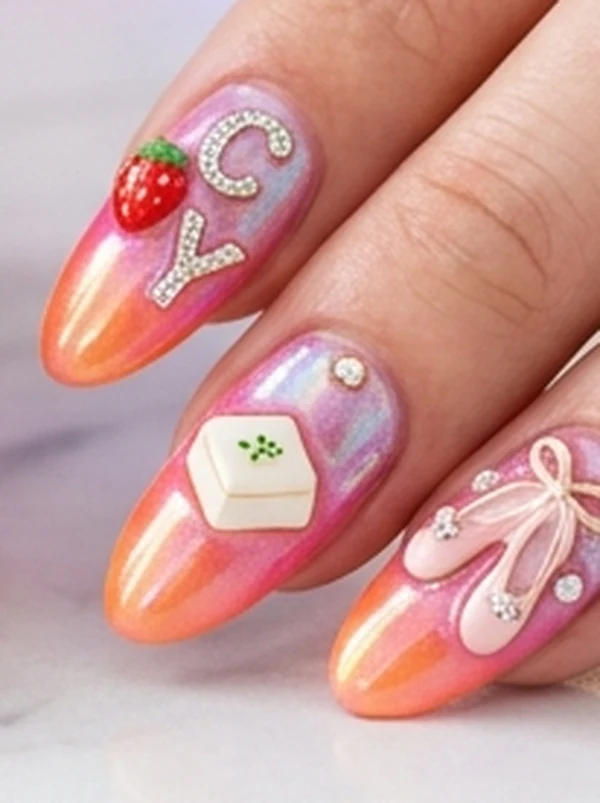 Chaeyoung eclectic omakase doodle nail art with hand-painted pastel strawberries, smiley faces, and stars on milky jelly nails (AI Generated Image)