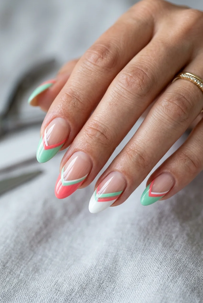 TWICE Cheer Up energetic color-blocked French manicure in mint green, coral pink, and crisp white sporty pop lines (AI Generated Image)