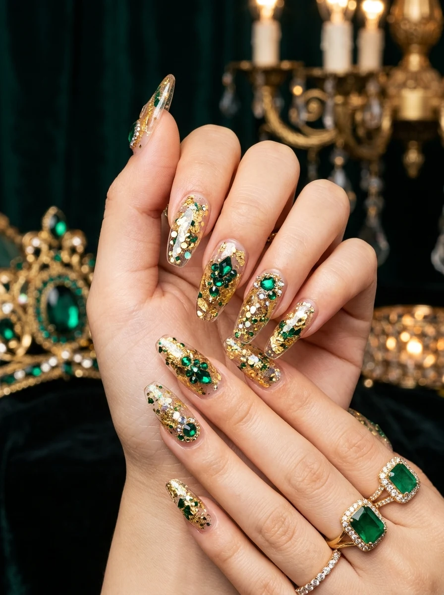 TWICE Feel Special inspired royal gold foil and emerald crystal encapsulated glass gel nails (AI Generated Image)