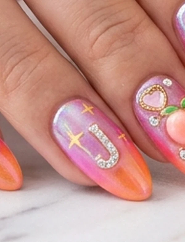 Jihyo ZONE fiery apricot to honey gold sunset glazed chrome stiletto nails with ultra-reflective liquid mirror shine (AI Generated Image)