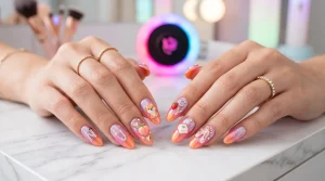 Collection of iconic TWICE K-Pop nail designs featuring Candybong apricot and neon magenta aura gradients, Y2K charms, and 3D chrome details