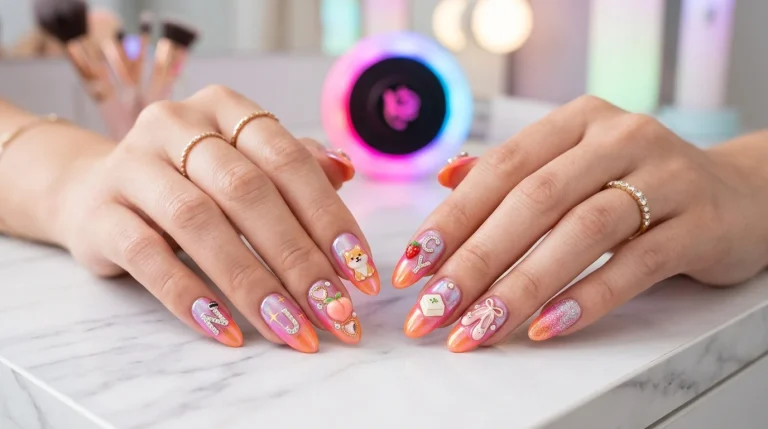 Collection of iconic TWICE K-Pop nail designs featuring Candybong apricot and neon magenta aura gradients, Y2K charms, and 3D chrome details