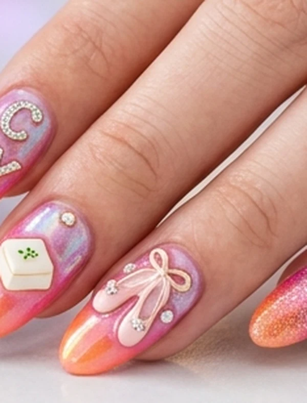 Mina MISAMO Masterpiece delicate balletcore pearl nails with sheer ivory mesh lace and silk ribbon bow accents (AI Generated Image)