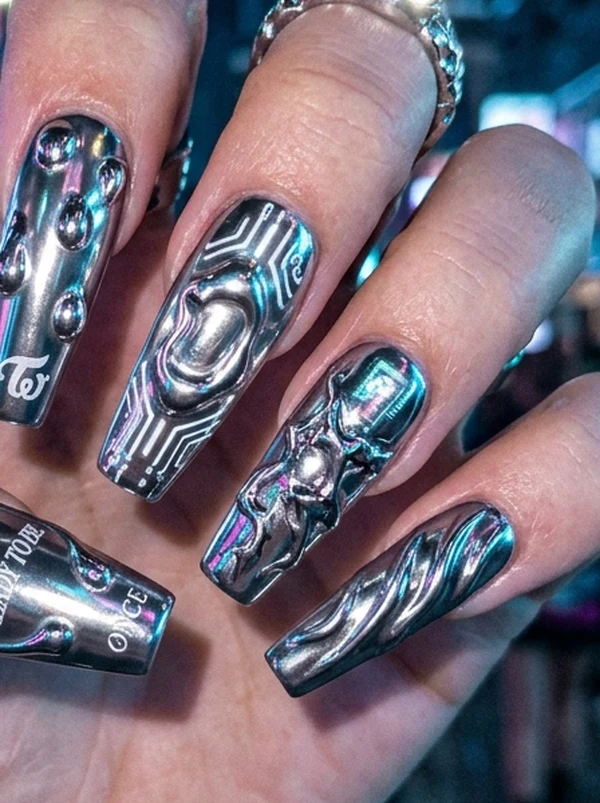 Momo Set Me Free sleek almond nails with razor-thin dark metallic chrome micro-French tips on sheer nude base (AI Generated Image)