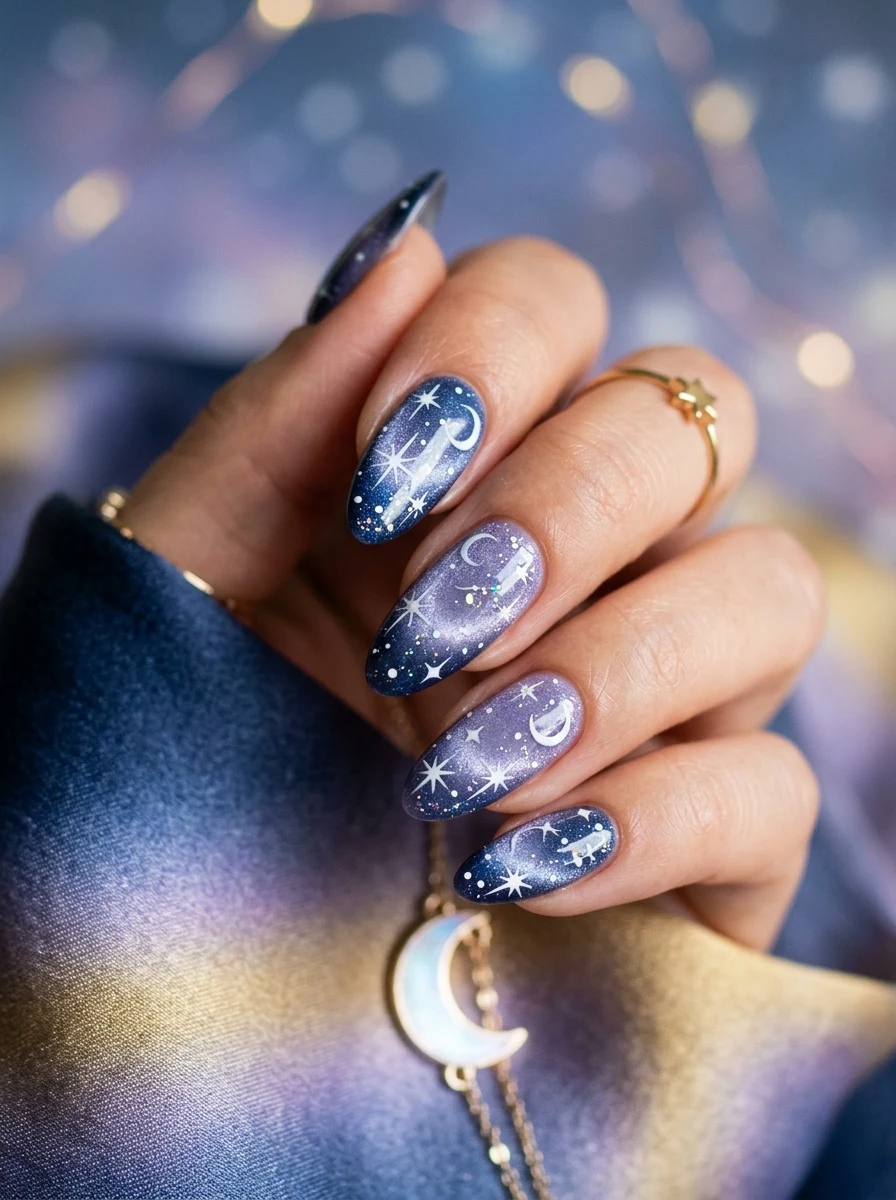 TWICE Moonlight Sunrise magnetic velvet cat-eye nails in deep twilight navy and lavender with delicate starburst nail art (AI Generated Image)