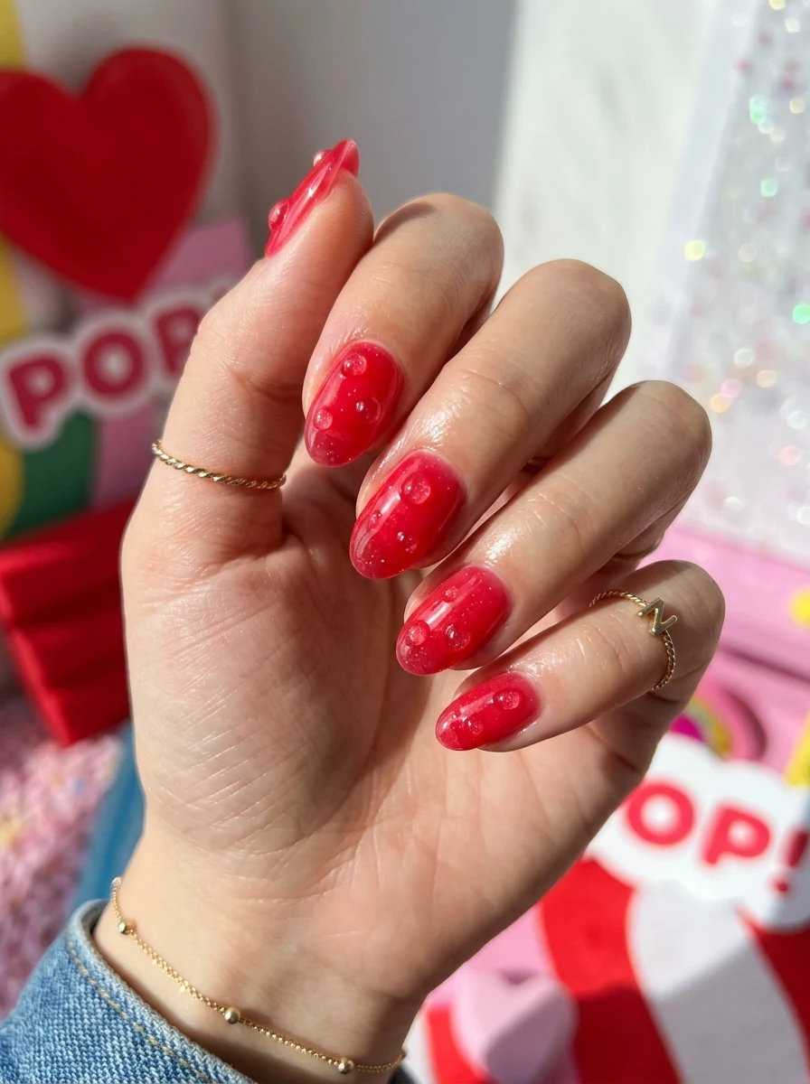 Nayeon POP inspired translucent cherry red jelly syrup Korean nails with realistic 3D clear water dewdrops (AI Generated Image)