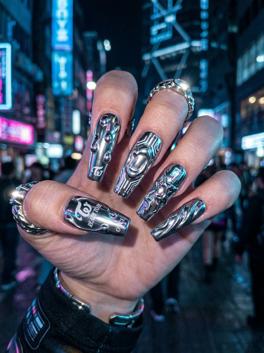 TWICE Ready to Be stadium tour cyber chrome nails with 3D raised molten silver liquid metal droplet textures (AI Generated Image)