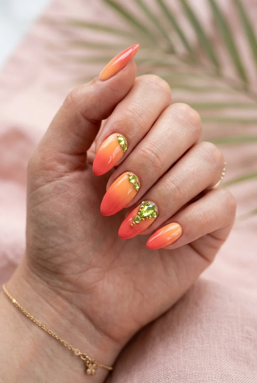 Sana Alcohol-Free tropical peach and coral syrup ombré manicure with sparkling lime green crystal accents (AI Generated Image)