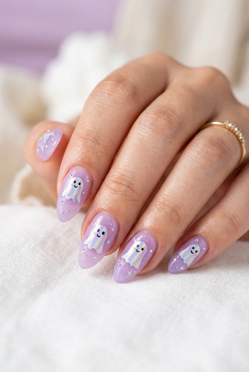 TWICE TT cute pastel lavender jelly manicure featuring hand-painted holographic ghost nail art and micro-crystals (AI Generated Image)