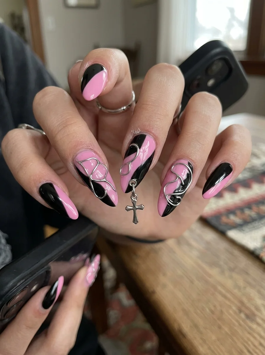 Unistella Wire Art & Pierced Dangle Charms on Dual-Tone Nails - blackpink nail designs (AI Generated Image)