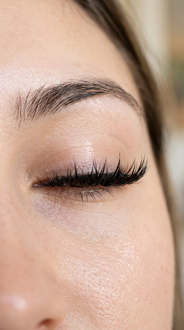 Wet-look mega volume eyelash extensions with glossy finish closed spikes (AI Generated Image)