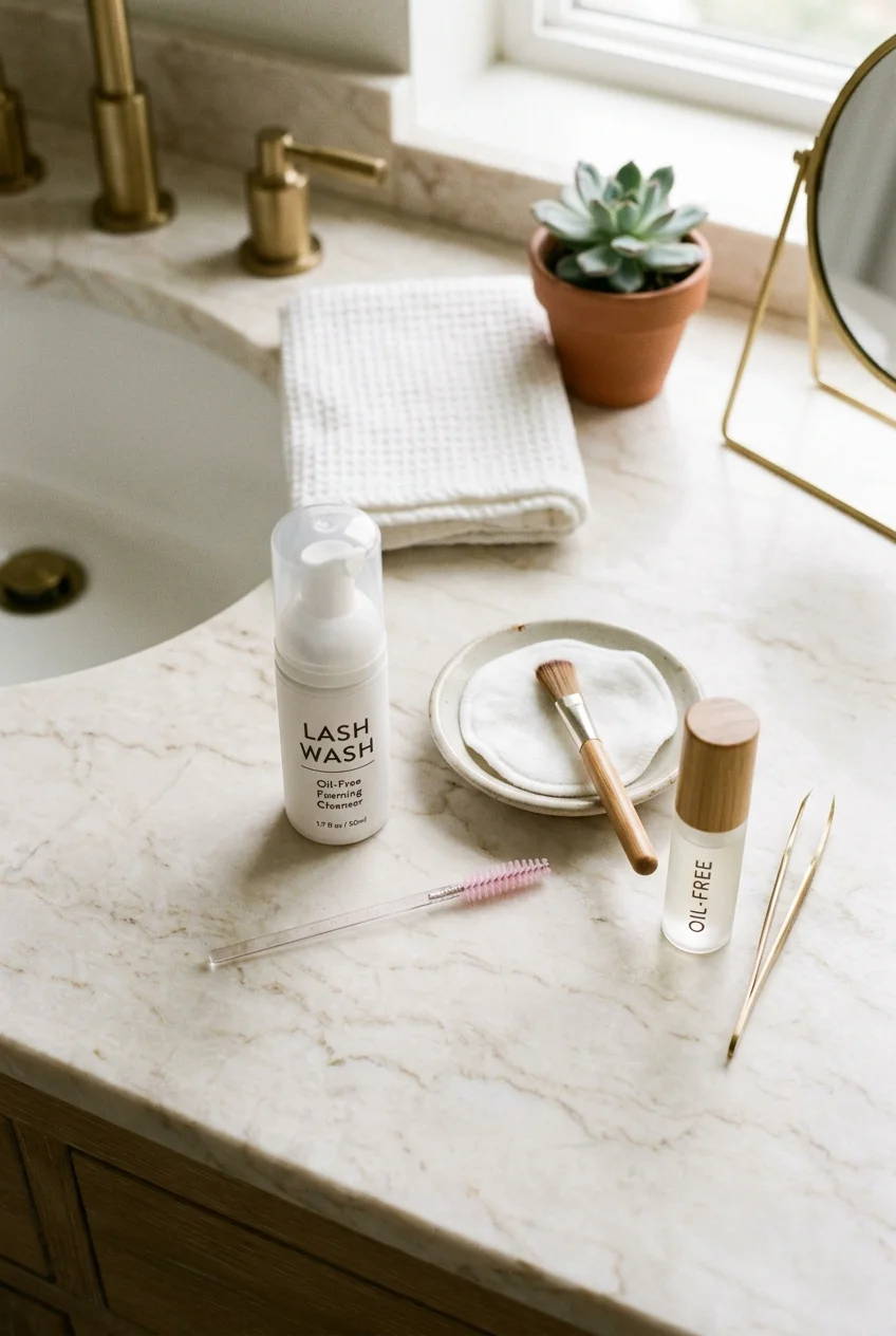 Wispy hybrid lash aftercare kit with oil-free foaming cleanser and spoolie brush (AI Generated Image)