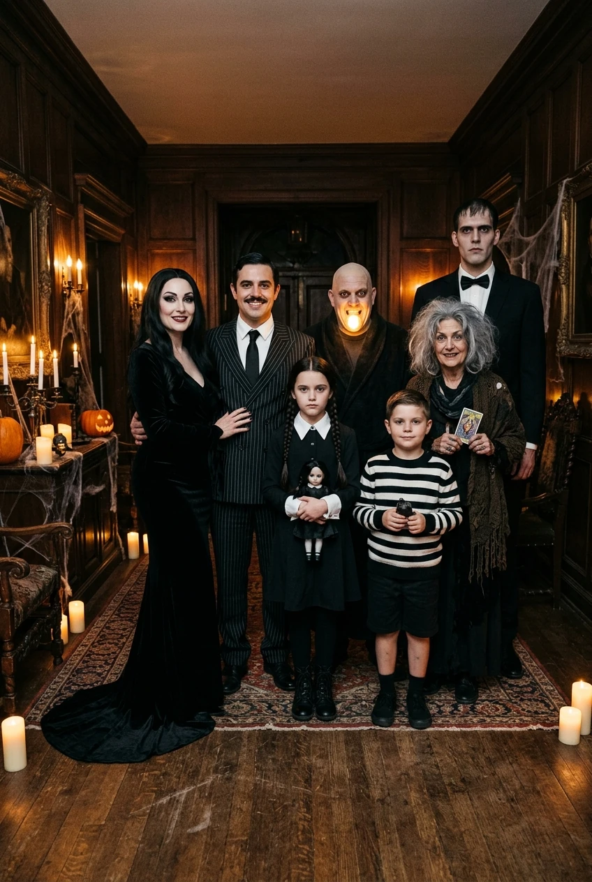 10 Creative Group Halloween Costumes for Trios, Squads & Families (2026) 13 1. The Addams Family Gothic Mansion Aristocracy - group halloween costumes (AI Generated Image)