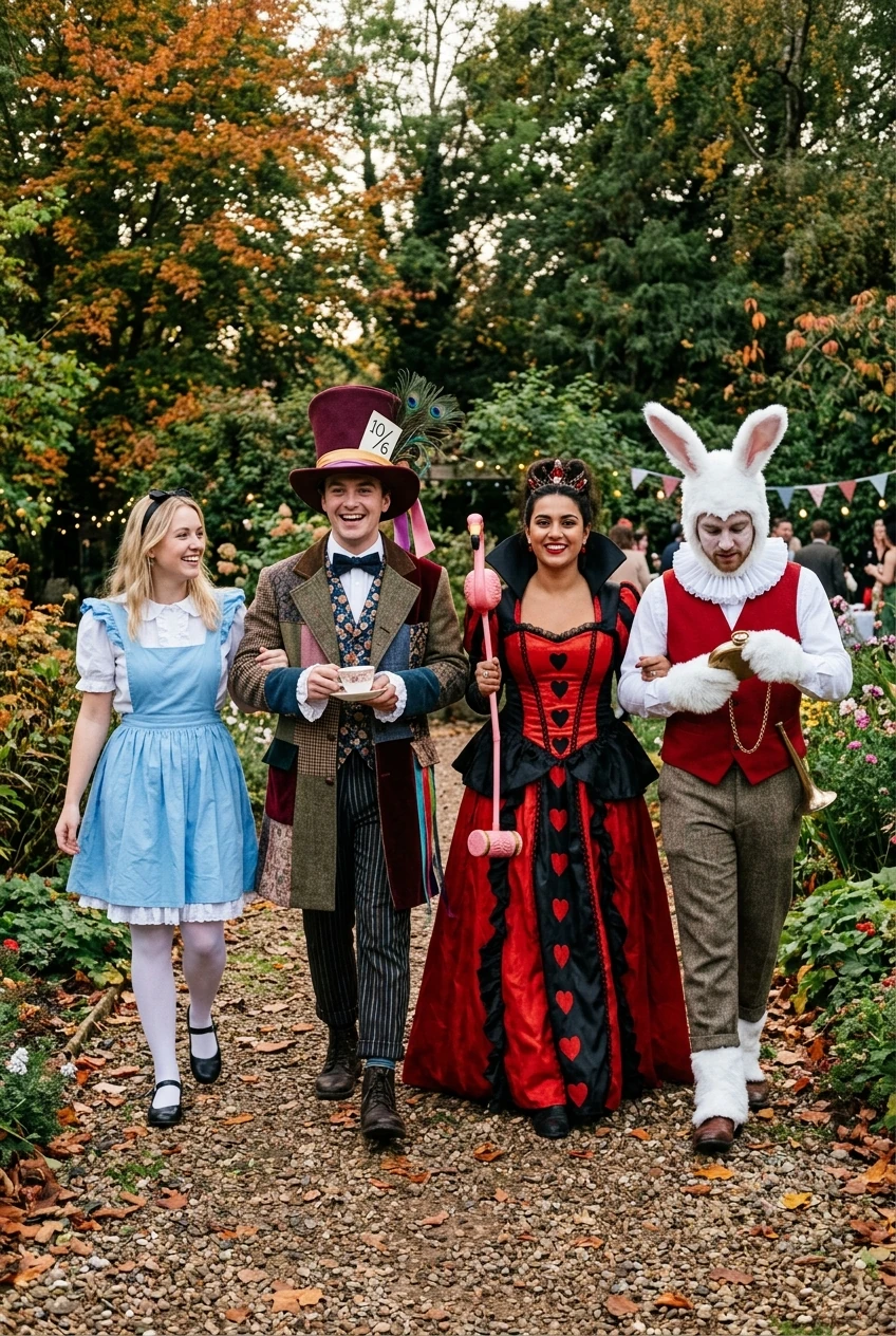 10 Creative Group Halloween Costumes for Trios, Squads & Families (2026) 17 5. Alice in Wonderland Mad Hatter Tea Party - group halloween costumes (AI Generated Image)