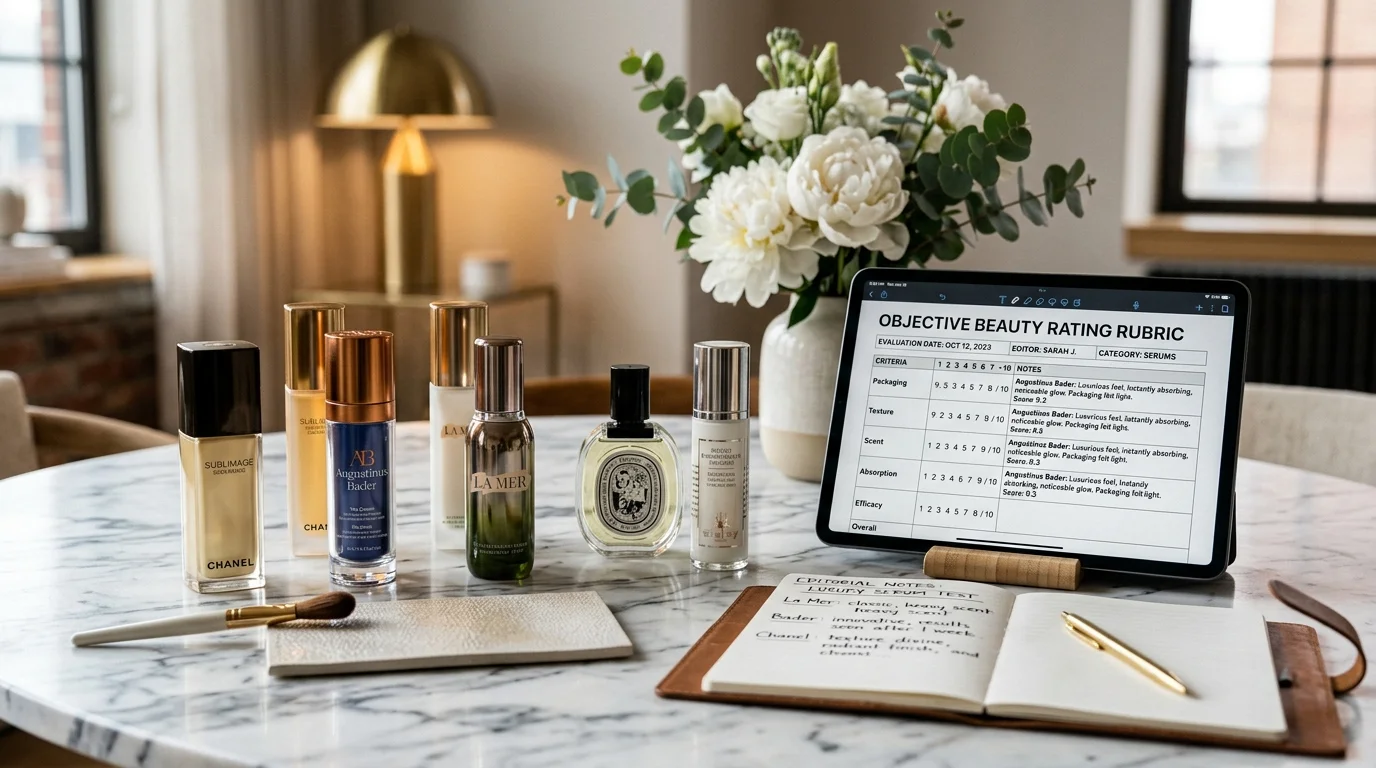 Luxury beauty editorial testing table with high-end cosmetic bottles, comparison evaluation notes, and modern digital tablet displaying an objective beauty rating rubric.